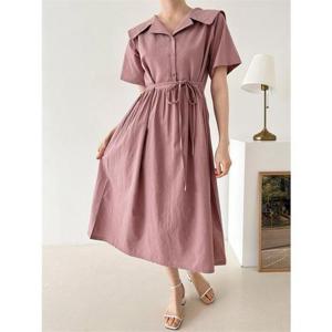 [바이어스]오버핏 여자 끈 카라넥 셔링 반팔 롱 원피스 (9923060