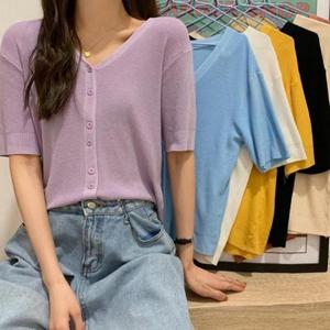 [깨비몰][깨비몰]여성 루즈핏 브이넥 크롭 반팔 니트쿨 가디건 (