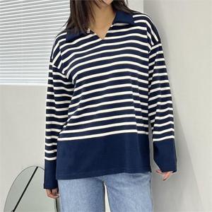 [강물처럼]아이우먼 단가라배색카라긴팔티 SMN336M210 빅사이즈