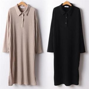 [강물처럼]위쉬몰 BE 골지카라버튼롱원피스(I071H209) 빅사이즈