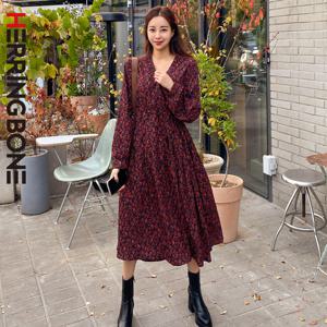 [헤링본] 여성 봄 가을 긴팔 롱 미디 원피스 플라워 셔링 플리츠 루즈핏 빅사이즈 HD032