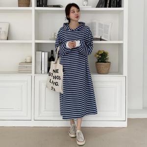 [브이와이][VY] 여자 박스 후드원피스 벌룬 임산부 단가라 롱원