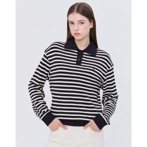 헤지스 여성 24FW 클리어런스스테디셀러네이비 스트라이프 긴소매 카라 티셔츠 WSTS4C810N2