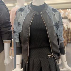 Latium HC06 데님 라이더 가죽 배색 비즈 자수 라운드 집업 벌룬청쟈켓 T2613jk09