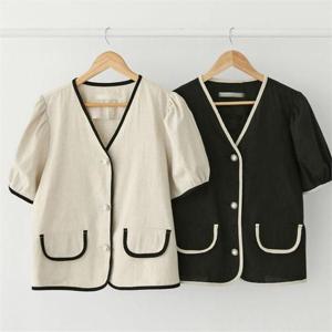 [강물처럼]빅사이즈사랑해요 K099L206 배색진주버튼린넨자켓 BN