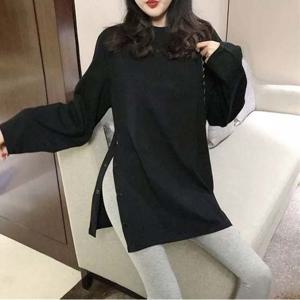 여자 상의 단추 옆라인 포인트 무지 롱티셔츠 루즈핏