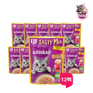 위스카스 고양이파우치 테이스티믹스 닭고기,참치당근 70G 12개