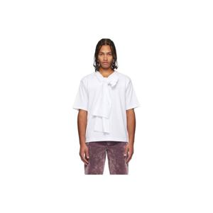 26 SS 드리스반노튼 남성 화이트 리본 네크라인 코튼 티셔츠 252358M213014