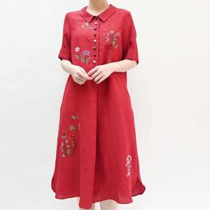 [비꼴리끄(여성)]린넨 밴드넥 꽃자수 원피스 B242WO3040