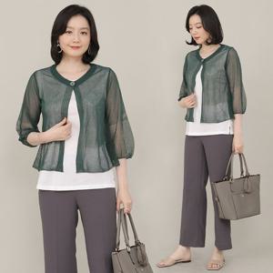 애비뉴투지 엄마옷 원버튼 그물 망사 퍼프소매 가디건 J07120