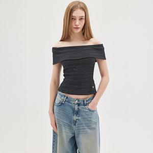 WAFFLE STRIPED OFF-SHOULDER TOP_T513TP115(BK)