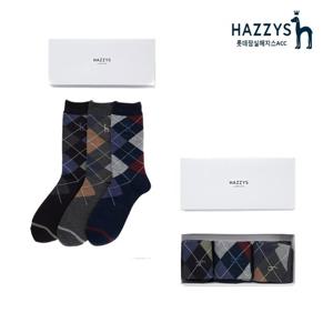 [헤지스ACC][선물포장]HJSS3E004WT_네이비 아가일 체크 남성 장목 양말 3종 세트(HI504)