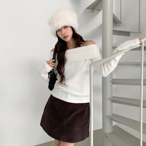 여성 폴리스판 골지 오프숄더 슬림 니트