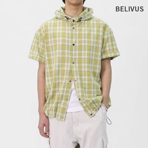 [빌리버스]빌리버스 남성 체크 스트링 후드 반팔 셔츠 BUU001