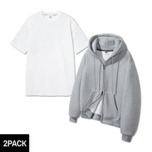 [GS단독][2PACK][기모] 앨빈클로 무지 레귤러핏 투웨이 후드집업/무지 레이어드 롱 반팔 티셔츠 2종 패키지