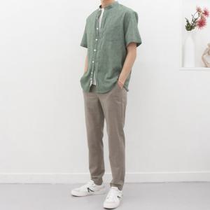 [더셔츠스튜디오]그린 반팔루즈핏 린넨혼방 차이나카라셔츠