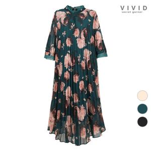 여성 플라워 플리츠 쉬폰 플래어 원피스