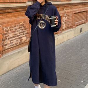 패션 여성 기모 안감 루즈핏 따뜻한 후드 롱 원피스