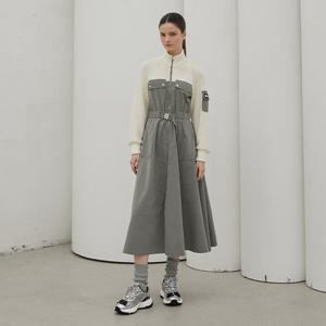 [에고이스트]소재 믹스 오픈형 벨티드 플레어 롱 원피스(EQ4WO962)