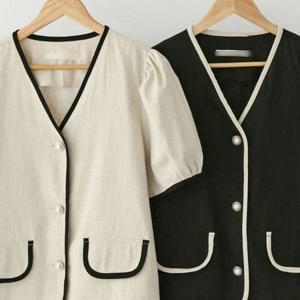 배색 306K099S 린넨 빅사이즈 자켓 펄버튼