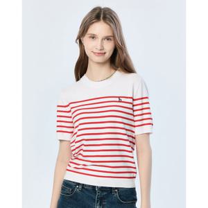 [TAG가 219000원]헤지스 여성 25SS 레드 스트라이프 폴리혼방 반소매 라운드넥 스웨터 HSSW5BC24R2