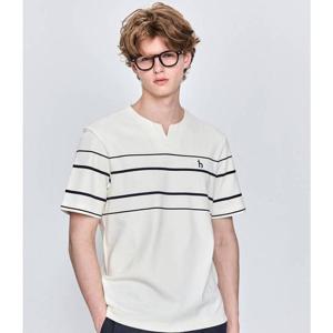 [헤지스남성] 크림 슬릿넥 컬러블럭 반팔 티셔츠(HZTS5B547CR)