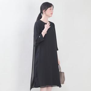 애비뉴투지 엄마옷 하객룩 이중 쉬폰 드레이프 칠부 봄 가을 원피스 K11412