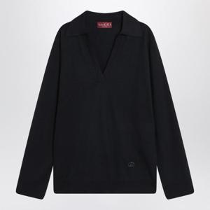 구찌 딥 브이넥 리브드 커프 울 폴로 스웨터 793883XKFA8 Blue