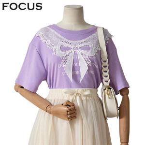 [포커스]레이스 리본 레터링 반팔 티셔츠 FM4C7TS0143_JK