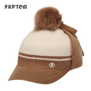 [팬텀] 여성 퍼방울 배색 귀달이 니트 캡