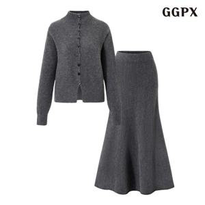 [GGPX]반하이넥 버튼 가디건 니트 롱 스커트 셋업 (GPDOW015D)