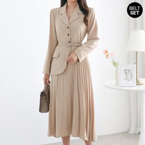 [모리스커밍홈] 테일러드카라 플리츠 벨티드 원피스_M2602OP606A