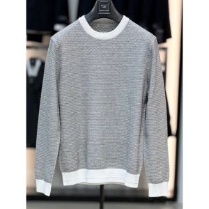 [바쏘옴므]그레이 면 혼방 와플 엠보 라운드 니트.