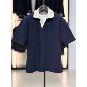 [바쏘옴므]네이비 세미오버핏 슬릿넥 카라포인트 반팔 티