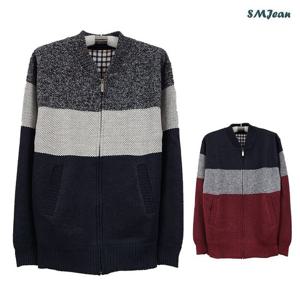 [에스엠진]SMJ1418 남자 기모 니트 집업 가디건 겨울 중년 남성
