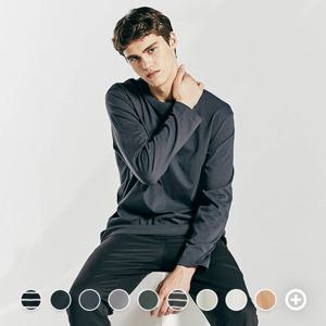 [지오다노]남성 봄 오버핏 헤비코튼 레이어드 면 라운드 무지 긴팔 티셔츠 022911