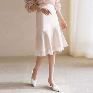 [스타일온미] 브롤리 밑단 이중 쉬폰 배색 플레어 미디 스커트