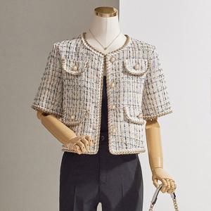 [한정수량] [커스텀에이블] 트위드 꼬임배색 진쥬큐빅 반팔 자켓_T2505JK612B