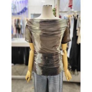 밸리걸 세이브존01 보트넥 나염 셔링 드레이프 시스루 반팔 티셔츠 608210