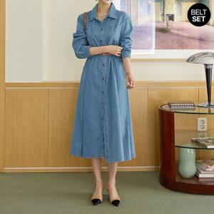 [모리스커밍홈] [벨트SET]포켓 카라 데님 롱 원피스_M2508OP084C