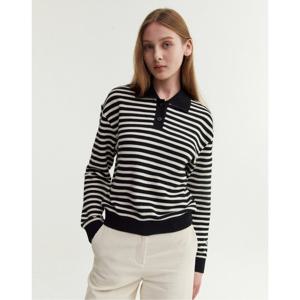 헤지스 여성 24FW 클리어런스스테디셀러블랙 스트라이프 긴소매 카라 티셔츠 WSTS4C810BK