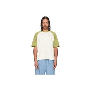 AMI Paris 티셔츠 화이트   그린 코튼 아미 드 꾀흐 니트 패치 티셔츠 261482M213014