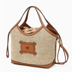 [닥스핸드백] 소가죽 배색 베이지 라피아 토트 M DCBA6E140I2