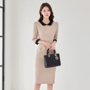 [모리스커밍홈] [55-77]배색 카라 슬림핏 7부소매 미디 원피스_M2603OP032B