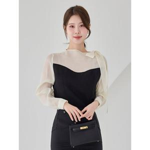 [모리스커밍홈]리본 포인트 시스루 배색 블라우스_M2603BL078A