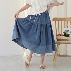 [웬디즈갤러리]캉캉 배색 데님 롱 스커트 /허리밴딩 A라인 플레어 USK116