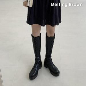 [로즈블로썸][멜팅브라운] 여성 레이스업 통굽 롱 부츠 워커 5cm