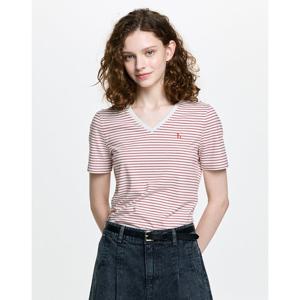 헤지스 여성 26SS 아이코닉 브이넥 코튼모달 스트라이프 반팔 티셔츠 오트밀 HSTS6B313G1