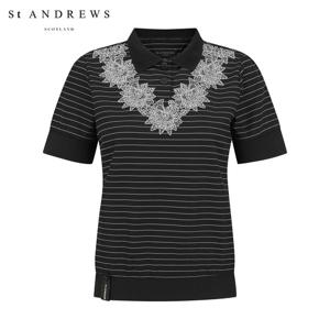 [세인트앤드류스] 여성 레이스 플라워 프린팅 스트라이프 반팔티셔츠 821F2TO107_BK