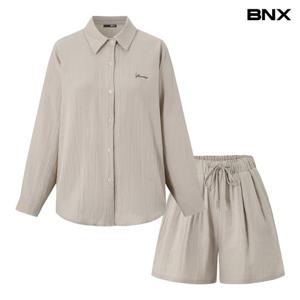 [BNX]자수 레터링 셔츠 밴딩 숏 팬츠 셋업 (BY1OP001L0)